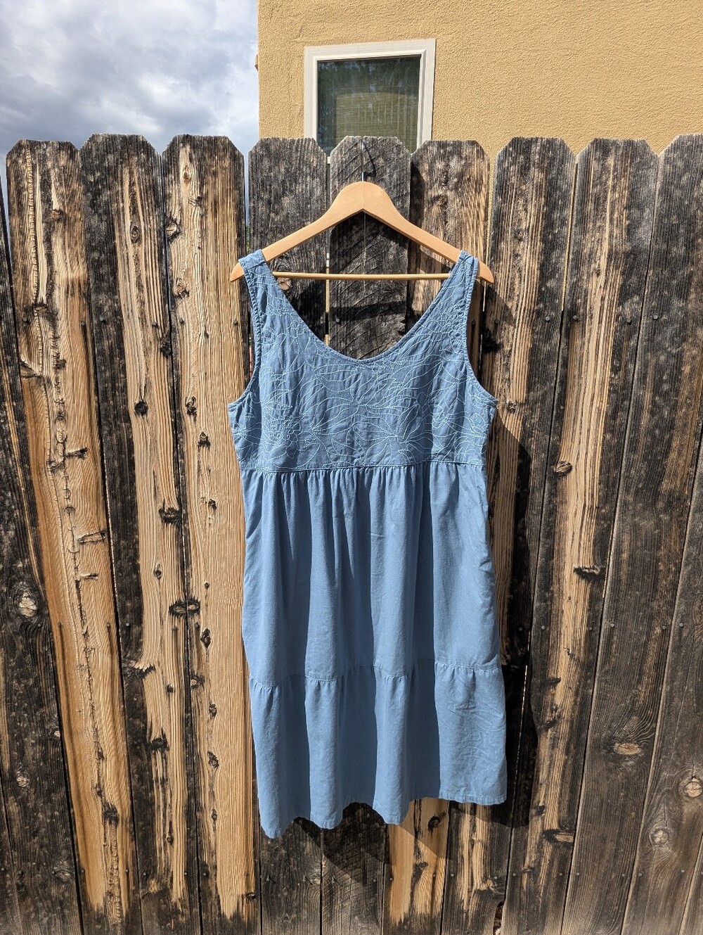 Vintage Sherpa Adventure Gear embroidered tiered blue dress
